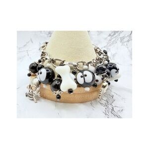 Chunky Glass Bead Dog Bone Skull Charm Bracelet Black White Silver Tone 7-8.25"